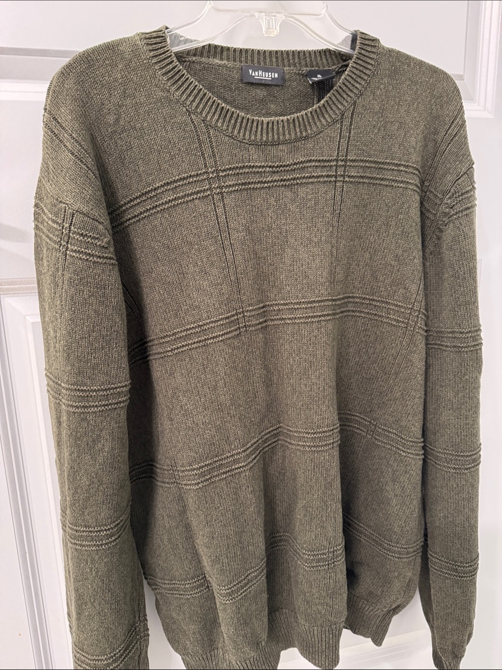 Van Heusen Olive Green Crewneck Sweater - Textured Stripe Knit Cotton XL